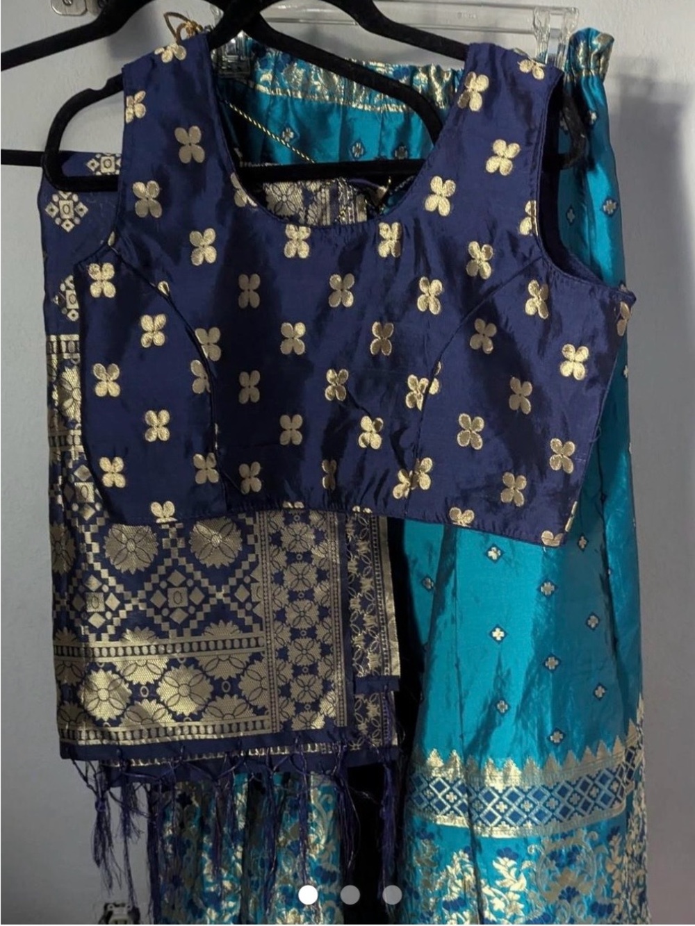 Navy Blue & Teal Brocade 3 Piece Ethnic Set with Gold Motifs size large